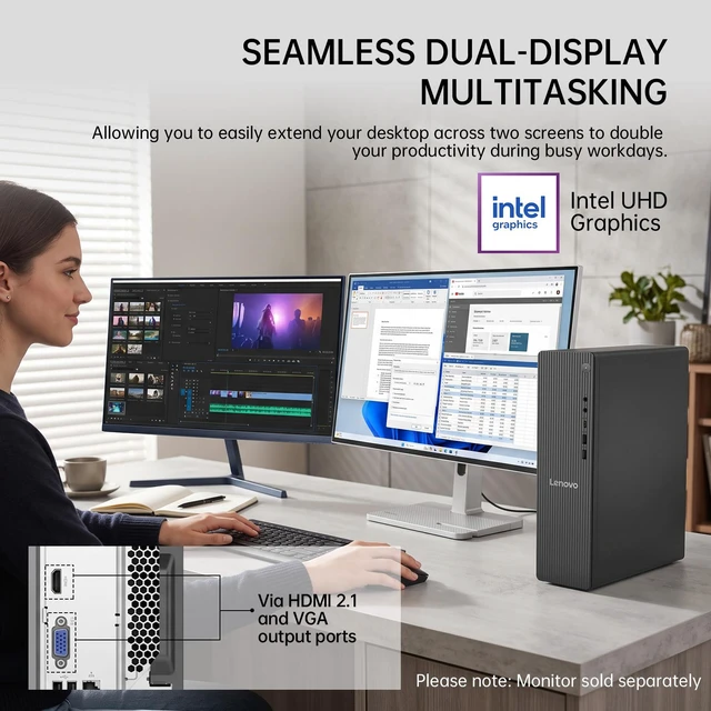 Alt view image 3 of 7 - Lenovo IdeaCentre Tower Desktop, Intel Processor 300, 16GB DDR5 UDIMM, 1TB SSD, Wi-Fi 6, Windows 11 Home, Grey, Wired Keyboard & Wired Mouse, HDMI