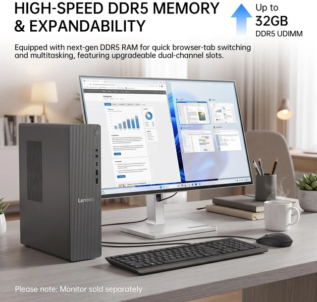 Alt view image 5 of 7 - Lenovo IdeaCentre Tower Desktop, Intel Processor 300, 16GB DDR5 UDIMM, 1TB SSD, Wi-Fi 6, Windows 11 Home, Grey, Wired Keyboard & Wired Mouse, HDMI