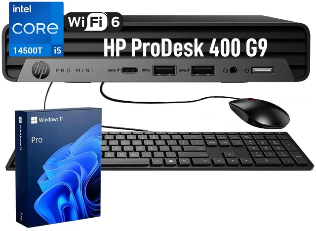 Main image of HP ProDesk 400 G9 Business Mini Desktop, Intel Core i5-14500T, 64GB DDR5 RAM, 1TB SSD, Wi-Fi 6, Windows 11 Pro, Black, Wired Keyboard & Wired Mouse, HDMI, RJ45