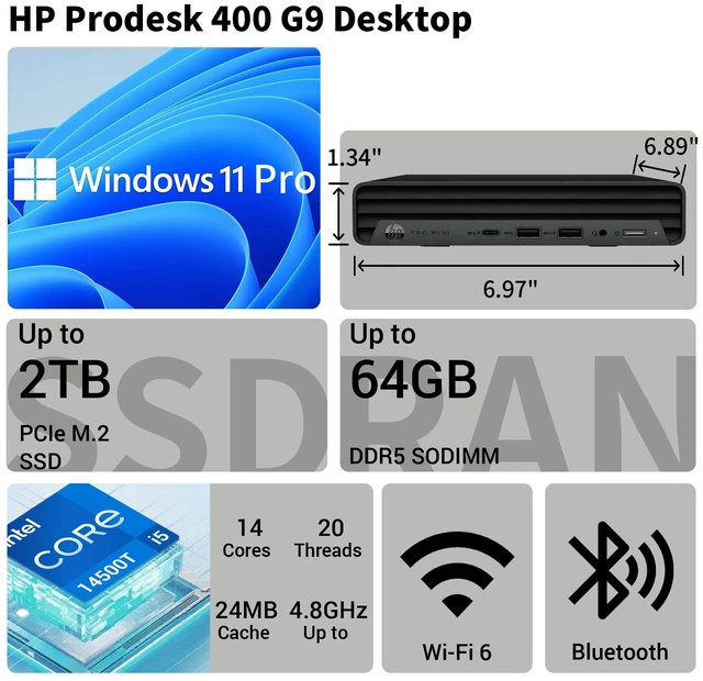 Alt view image 2 of 7 - HP ProDesk 400 G9 Business Mini Desktop, Intel Core i5-14500T, 64GB DDR5 RAM, 1TB SSD, Wi-Fi 6, Windows 11 Pro, Black, Wired Keyboard & Wired Mouse, HDMI, RJ45