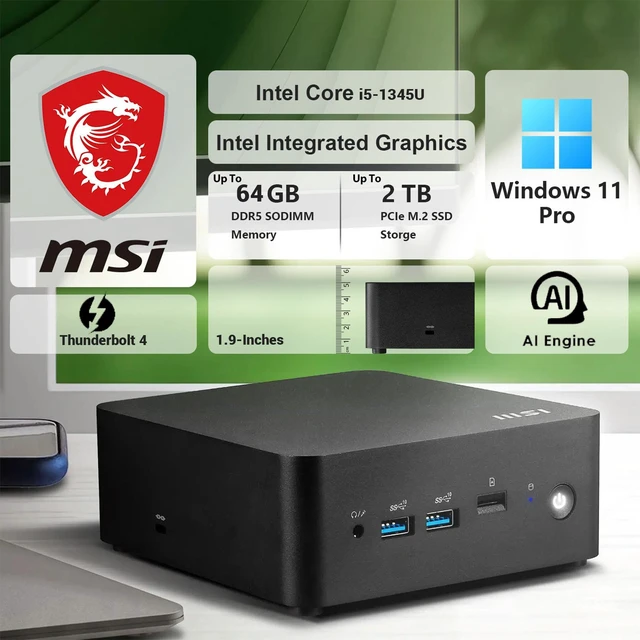 Alt view image 2 of 7 - MSI Cubi NUC CUBI13MQG203B Business Mini Desktop, Intel Core i5-1345U, 16GB DDR5 RAM, 512GB SSD, Wi-Fi 6, Windows 11 Pro, Black, 2xHDMI, 2xRJ45