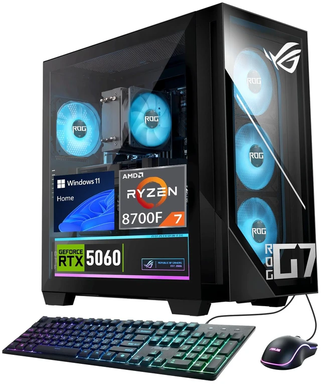 Main image of ASUS ROG G700 90PF05T1-M01RP0 Gaming Tower Desktop, AMD Ryzen 7 8700F, 16GB DDR5 UDIMM, 1TB PCIe M.2 SSD, Wi-Fi 6, Windows 11 Home, Wired Keyboard & Wired Mouse, HDMI, RJ45, Black