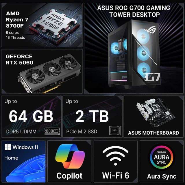 Alt view image 2 of 7 - ASUS ROG G700 90PF05T1-M01RP0 Gaming Tower Desktop, AMD Ryzen 7 8700F, 16GB DDR5 UDIMM, 1TB PCIe M.2 SSD, Wi-Fi 6, Windows 11 Home, Wired Keyboard & Wired Mouse, HDMI, RJ45, Black