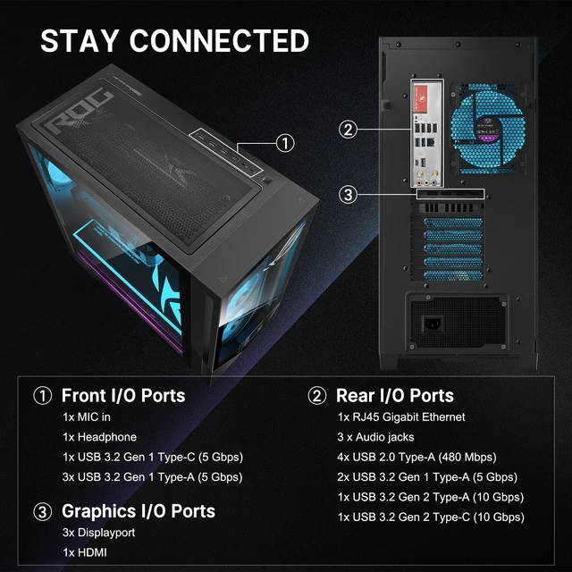 Alt view image 7 of 7 - ASUS ROG G700 90PF05T1-M01RP0 Gaming Tower Desktop, AMD Ryzen 7 8700F, 16GB DDR5 UDIMM, 1TB PCIe M.2 SSD, Wi-Fi 6, Windows 11 Home, Wired Keyboard & Wired Mouse, HDMI, RJ45, Black