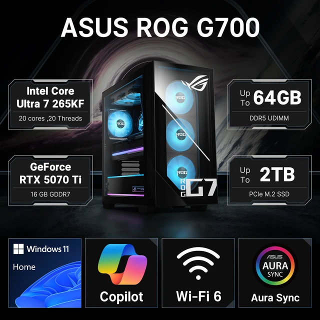 Alt view image 2 of 7 - ASUS ROG G700 90PF0561-M043V0 Gaming Tower Desktop, Intel Core Ultra 7 265KF, 16GB DDR5 UDIMM, 1TB PCIe M.2 SSD, Wi-Fi 6, Windows 11 Home, Wired Keyboard & Wired Mouse, HDMI, RJ45, Black