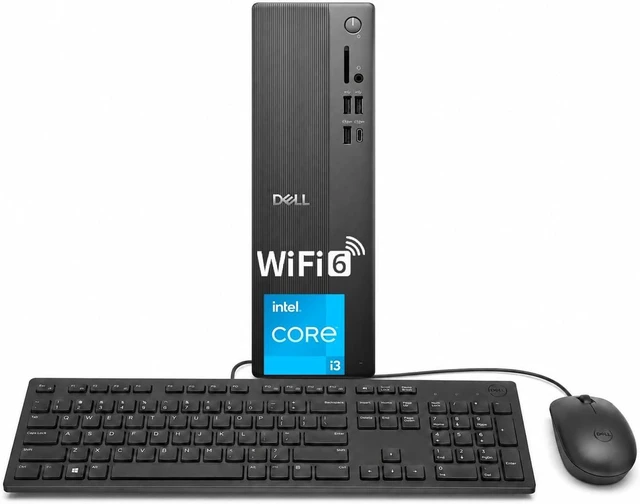 Main image of DELL Slim ECS1250 Tower Desktop, Intel Core i3-14100, 8GB DDR5 UDIMM, 512GB PCIe M.2 SSD, Wi-Fi 6, Windows 11 Home, Wired Keyboard & Wired Mouse, HDMI, RJ45, Black