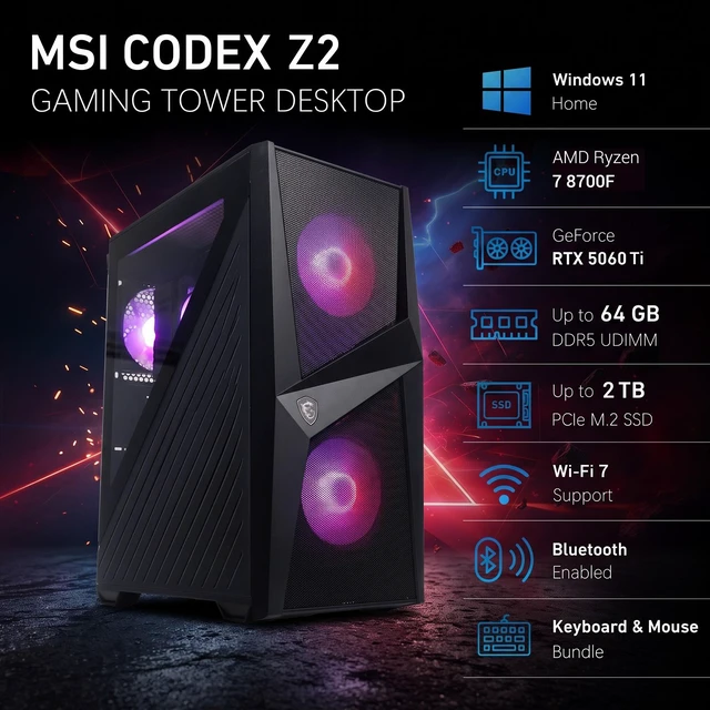 Alt view image 2 of 7 - MSI Codex Z2 Gaming Tower Desktop, AMD Ryzen 7 8700F, NVIDIA GeForce RTX 5060 Ti, 64GB DDR5 UDIMM, 2TB SSD, Wi-Fi 7, Windows 11 Home, Wired Keyboard & Wired Keyboard, RGB Backlit KB, HDMI, Black