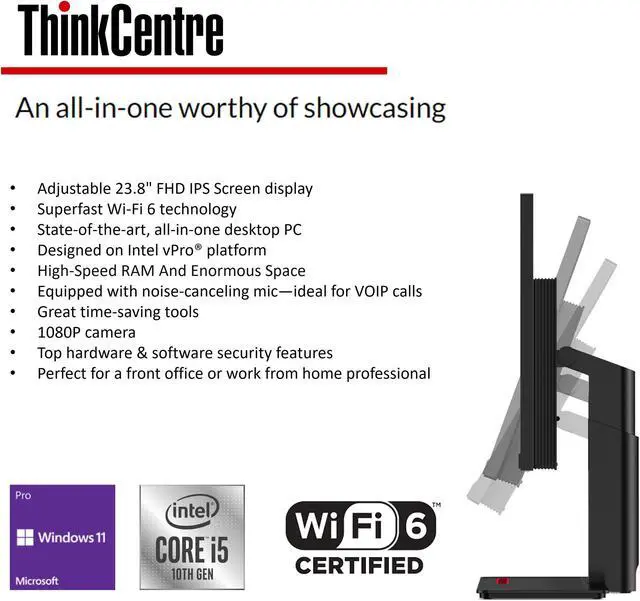 Alt view image 5 of 7 - Lenovo ThinkCentre M90 Business All-in-One Desktop, 23.8" FHD Screen, Intel Core i5-10500, 16GB RAM, 512GB SSD, Webcam, DVD-RW, DisplayPort, RJ-45, Wi-Fi 6, Windows 11 Pro