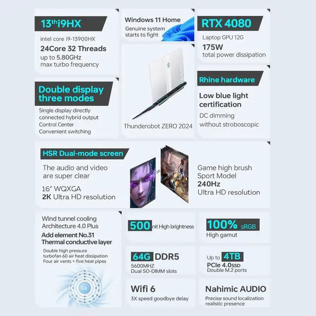 Alt view image 5 of 7 - Thunderobot ZERO (2024) Gaming Laptop, 16" QHD+ 240hz Display, Intel Core i9-13900HX, NVIDIA GeForce 4080, 64GB DDR5 RAM, 2TB SSD, RGB Backlit Keyboard, Wi-Fi 6, Windows 11 Home, White