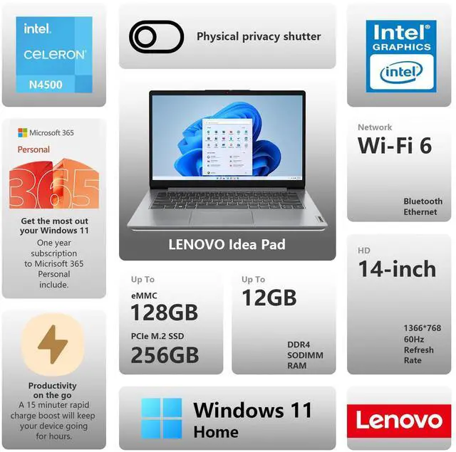 Alt view image 2 of 7 - Lenovo IdeaPad 1 Everyday Laptop, 14" HD Display, 4GB RAM, 384GB Storage(128GB eMMC + 256GB PCIe), 1 Yr Office 365 Included, Intel Core Processor, SD Card Reader, HDMI, Wi-Fi 6, Win 11 Home, Grey