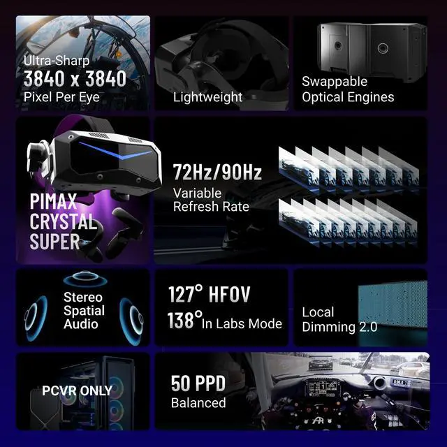 Alt view image 3 of 7 - Pimax Crystal Super PCVR Headset - 50 PPD, 3840x3840 per eye Ultra-clear Resolution, 127° HFOV, Lightweight, for Flight / Racing Sim & other VR Gamings, Subscription Required