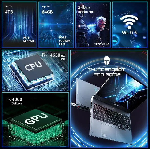 Alt view image 3 of 7 - Thunderobot Radiant 16 Gaming Laptop, 16" WQXGA 240Hz,Intel i7-14650HX, GeForce 4060, 32GB RAM, 1TB SSD, Windows 11 Home, Gray