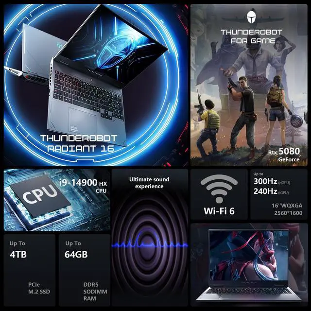 Alt view image 3 of 7 - Thunderobot Radiant 16 300Hz Gaming Laptop, 16" WQXGA 300Hz, Intel i9-14900HX, GeForce RTX 5080, 64GB DDR5 RAM, 4TB SSD, RGB Backlit Keyboard, Wi-Fi 6, Win 11 Home