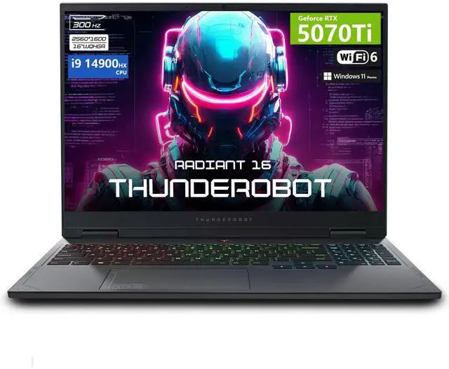 Main image of Thunderobot Radiant 16 QHD+ 300Hz Gaming Laptop, Intel Core i9-14900HX, GeForce RTX 5070 Ti, 16GB DDR5 RAM, 512GB SSD, Wi-Fi 6, Windows 11 Home, Black