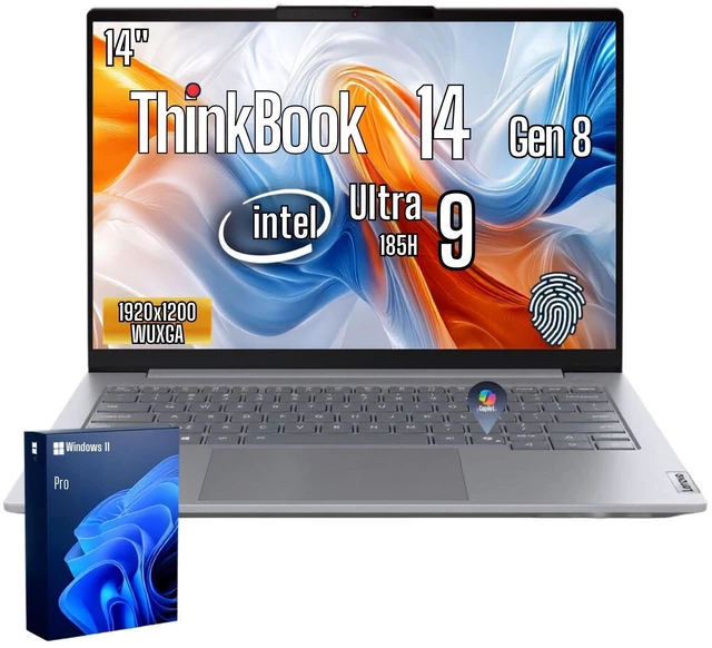 Main image of Lenovo ThinkBook 14 Gen 8 Business Laptop, 14" FHD+, Intel Core Ultra 9 185H, 16GB DDR5 RAM, 512GB SSD, Wi-Fi 6, Windows 11 Pro, Backlit Keyboard, Grey