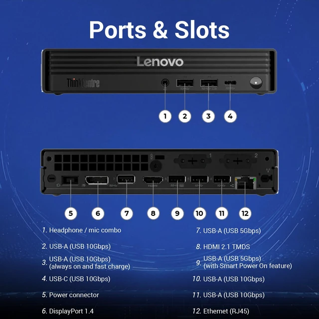 Alt view image 3 of 7 - Lenovo ThinkCentre M70q Gen 6 Business MFF Desktop, Intel Core 3 205T, 64GB DDR5 RAM, 1TB SSD, Wi-Fi 6, Windows 11 Pro, Black