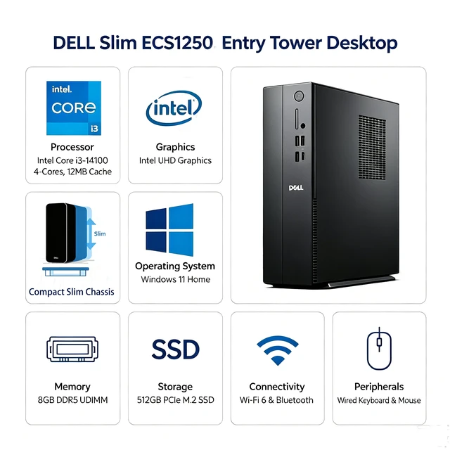 Alt view image 2 of 5 - DELL Slim ECS1250 Tower Desktop, Intel Core i3-14100, 8GB DDR5 UDIMM, 512GB PCIe M.2 SSD, Wi-Fi 6, Windows 11 Home, Wired Keyboard & Wired Mouse, HDMI, RJ45, Black