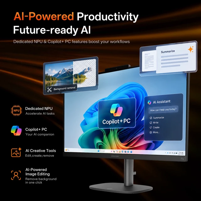 Alt view image 6 of 7 - HP OmniStudio 27-cw0100m Premium All-in-One, 27" QHD, AMD Ryzen AI 7 450, 32GB DDR5 RAM, 2TB SSD, Wi-Fi 6, Windows 11 Pro, Wired Keyboard & Wired Mouse, Webcam, Copilot+ PC, Black
