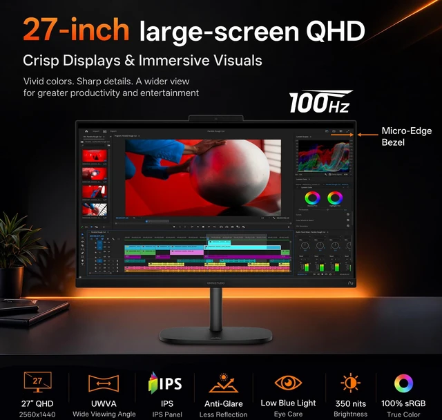 Alt view image 4 of 7 - HP OmniStudio 27-cw0100m Premium All-in-One, 27" QHD, AMD Ryzen AI 7 450, 32GB DDR5 RAM, 2TB SSD, Wi-Fi 6, Windows 11 Pro, Wired Keyboard & Wired Mouse, Webcam, Copilot+ PC, Black
