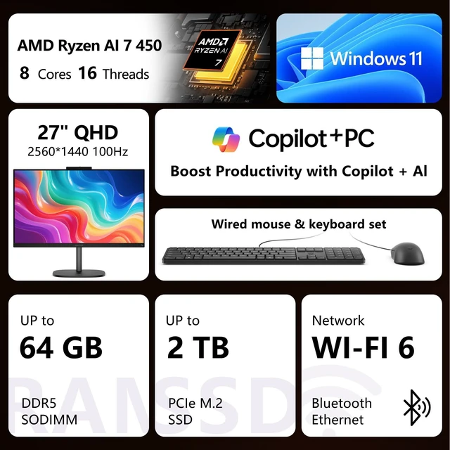 Alt view image 2 of 7 - HP OmniStudio 27-cw0100m Premium All-in-One, 27" QHD, AMD Ryzen AI 7 450, 16GB DDR5 RAM, 2TB SSD, Wi-Fi 6, Windows 11 Home, Wired Keyboard & Wired Mouse, Webcam, Copilot+ PC, Black