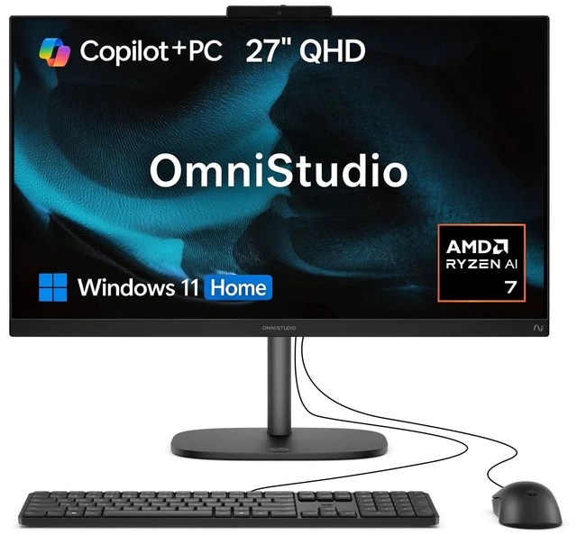 Main image of HP OmniStudio 27-cw0100m Premium All-in-One, 27" QHD, AMD Ryzen AI 7 450, 16GB DDR5 RAM, 2TB SSD, Wi-Fi 6, Windows 11 Home, Wired Keyboard & Wired Mouse, Webcam, Copilot+ PC, Black