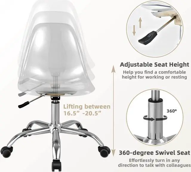 Alt view image 7 of 7 - SlickBlue Swivel Acrylic Armless Adjustable Height Office Chair