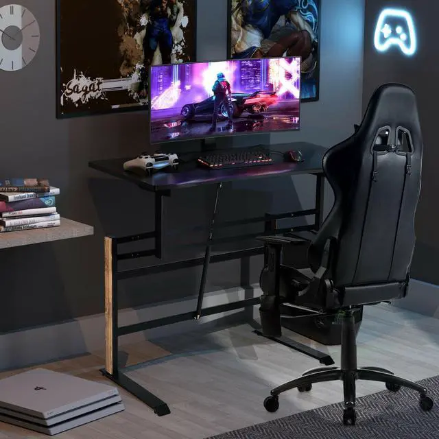 Alt view image 5 of 7 - Pneumatic Height Adjustable Gaming Desk T Shaped Game Station with Power Strip Tray-Black