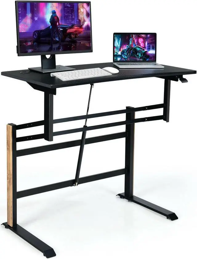 Alt view image 2 of 7 - Pneumatic Height Adjustable Gaming Desk T Shaped Game Station with Power Strip Tray-Black