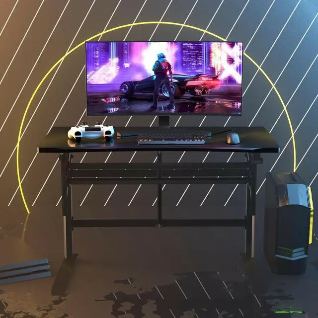 Alt view image 4 of 7 - Pneumatic Height Adjustable Gaming Desk T Shaped Game Station with Power Strip Tray-Black