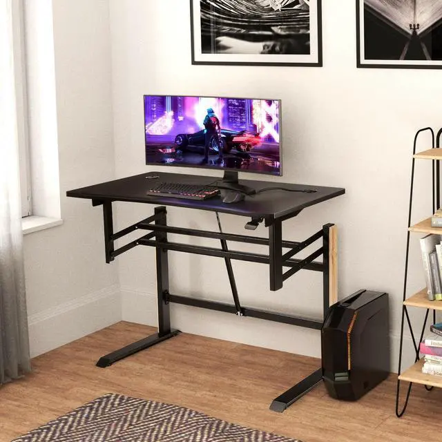 Alt view image 6 of 7 - Pneumatic Height Adjustable Gaming Desk T Shaped Game Station with Power Strip Tray-Black