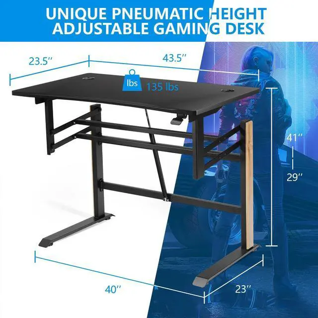 Alt view image 7 of 7 - Pneumatic Height Adjustable Gaming Desk T Shaped Game Station with Power Strip Tray-Black