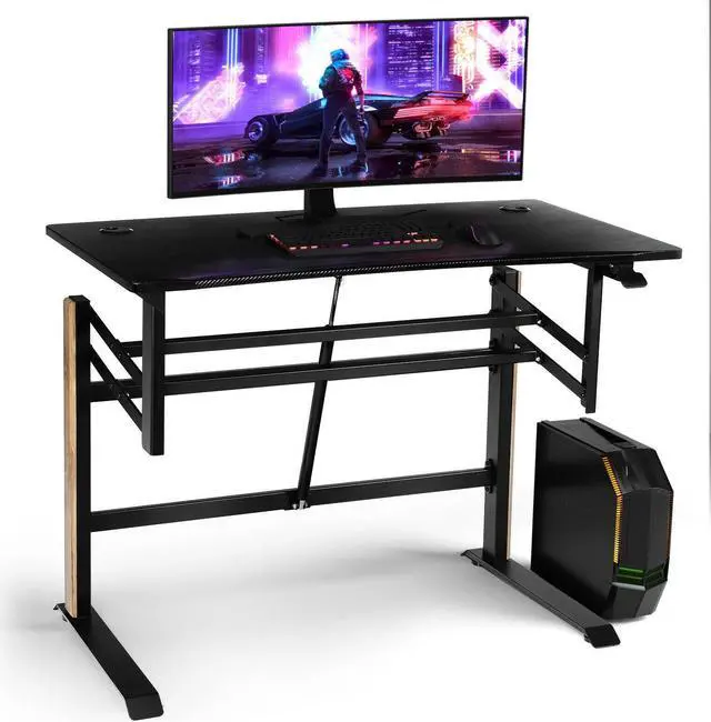 Alt view image 3 of 7 - Pneumatic Height Adjustable Gaming Desk T Shaped Game Station with Power Strip Tray-Black