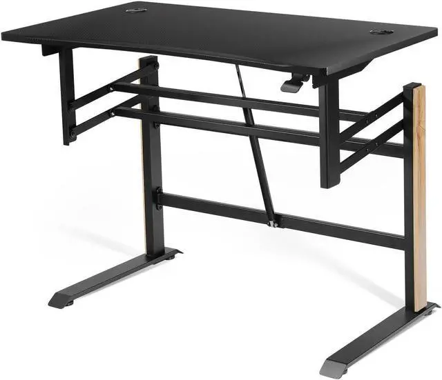 Main image of Pneumatic Height Adjustable Gaming Desk T Shaped Game Station with Power Strip Tray-Black