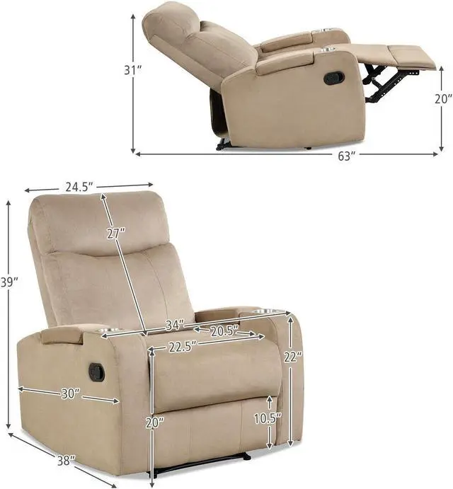 Alt view image 3 of 7 - Recliner Chair Single Sofa Lounger with Arm Storage and Cup Holder for Living Room-Brown