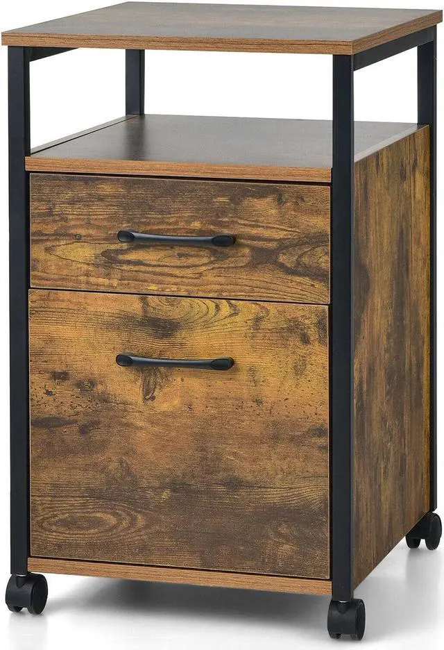 Alt view image 2 of 7 - 2 Drawer Mobile File Cabinet Printer Stand with Open Shelf for Letter Size-Rustic Brown
