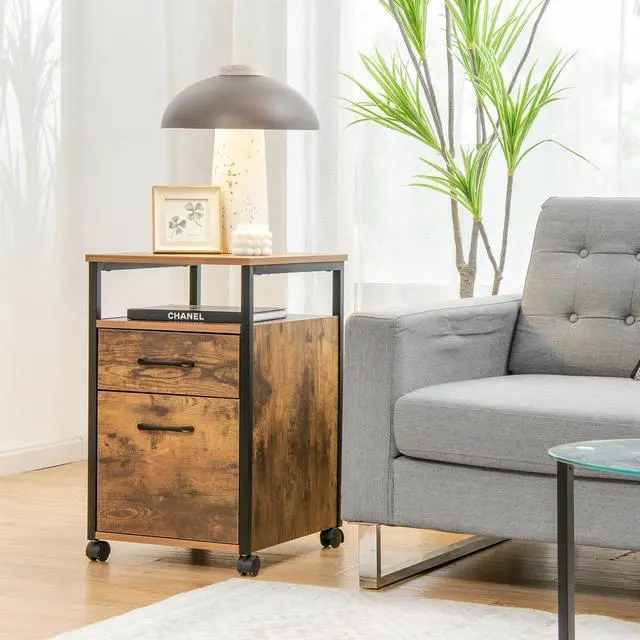 Alt view image 4 of 7 - 2 Drawer Mobile File Cabinet Printer Stand with Open Shelf for Letter Size-Rustic Brown