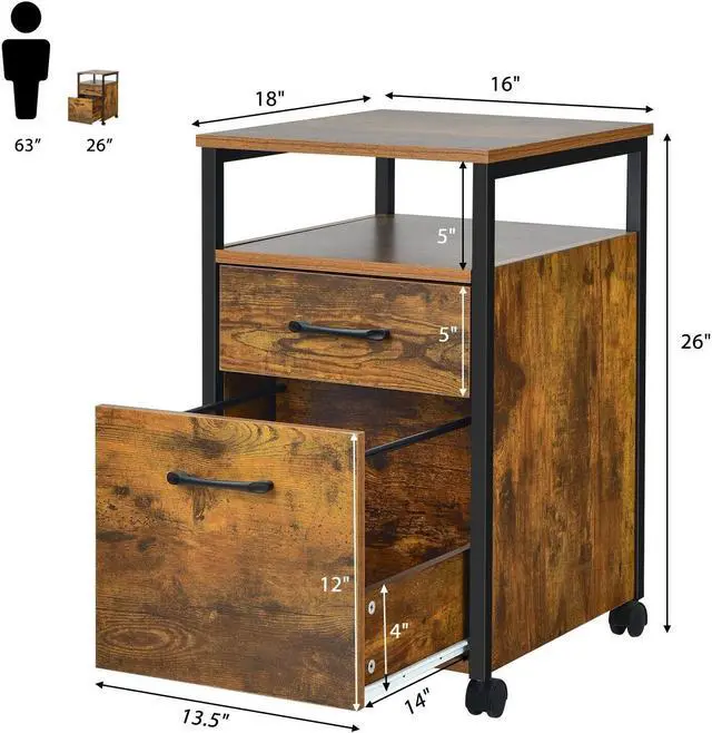 Alt view image 5 of 7 - 2 Drawer Mobile File Cabinet Printer Stand with Open Shelf for Letter Size-Rustic Brown