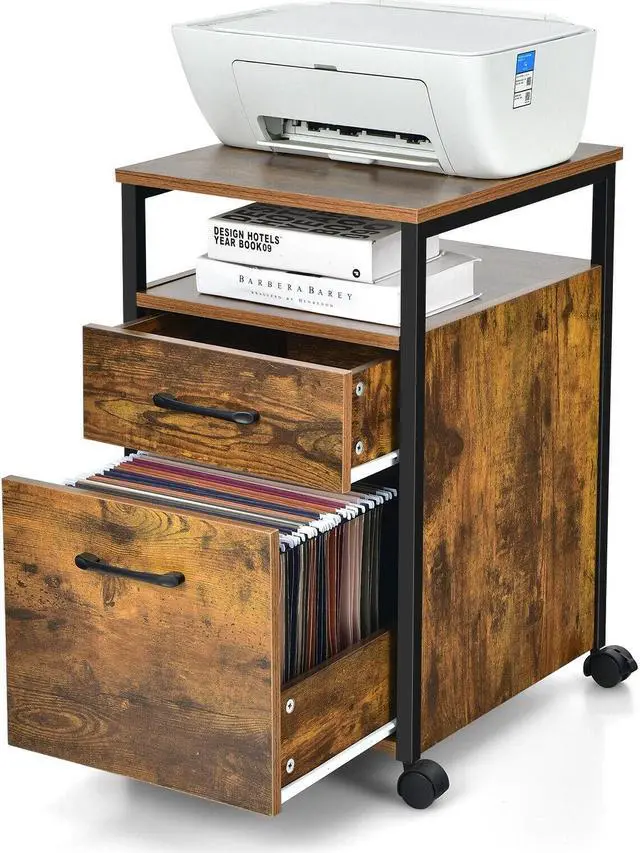 Alt view image 7 of 7 - 2 Drawer Mobile File Cabinet Printer Stand with Open Shelf for Letter Size-Rustic Brown