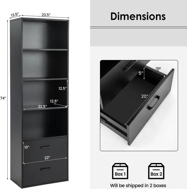 Alt view image 5 of 7 - SlickBlue 6-Tier Tall Freestanding Bookshelf with 4 Open Shelves and 2 Drawers