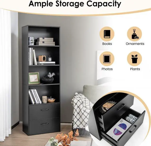 Alt view image 6 of 7 - SlickBlue 6-Tier Tall Freestanding Bookshelf with 4 Open Shelves and 2 Drawers