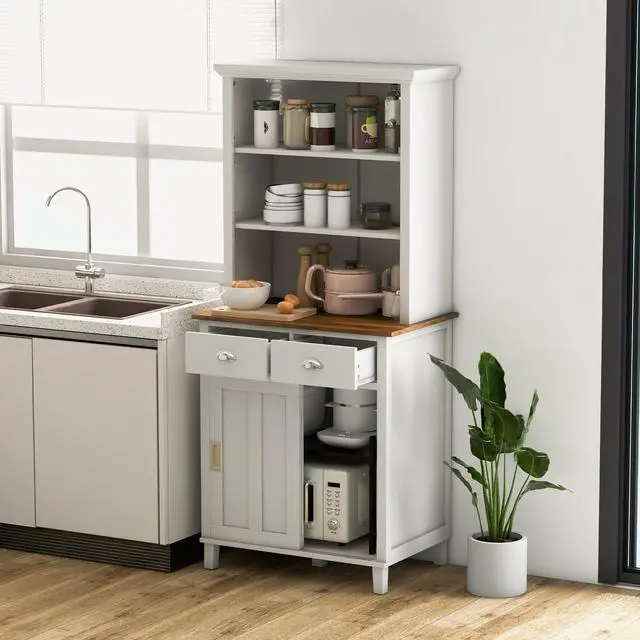 Alt view image 3 of 7 - Freestanding Kitchen Pantry with Hutch Sliding Door and Drawer-White
