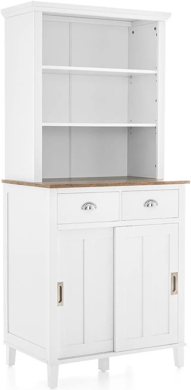 Main image of Freestanding Kitchen Pantry with Hutch Sliding Door and Drawer-White