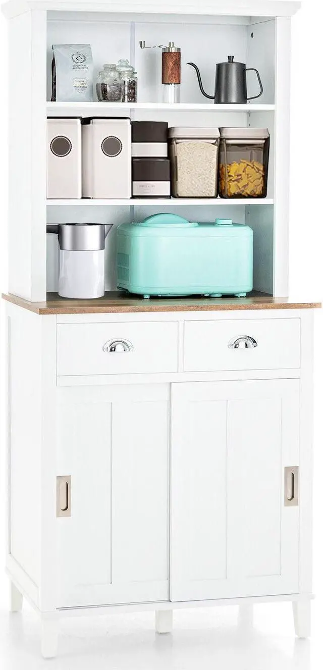 Alt view image 2 of 7 - Freestanding Kitchen Pantry with Hutch Sliding Door and Drawer-White