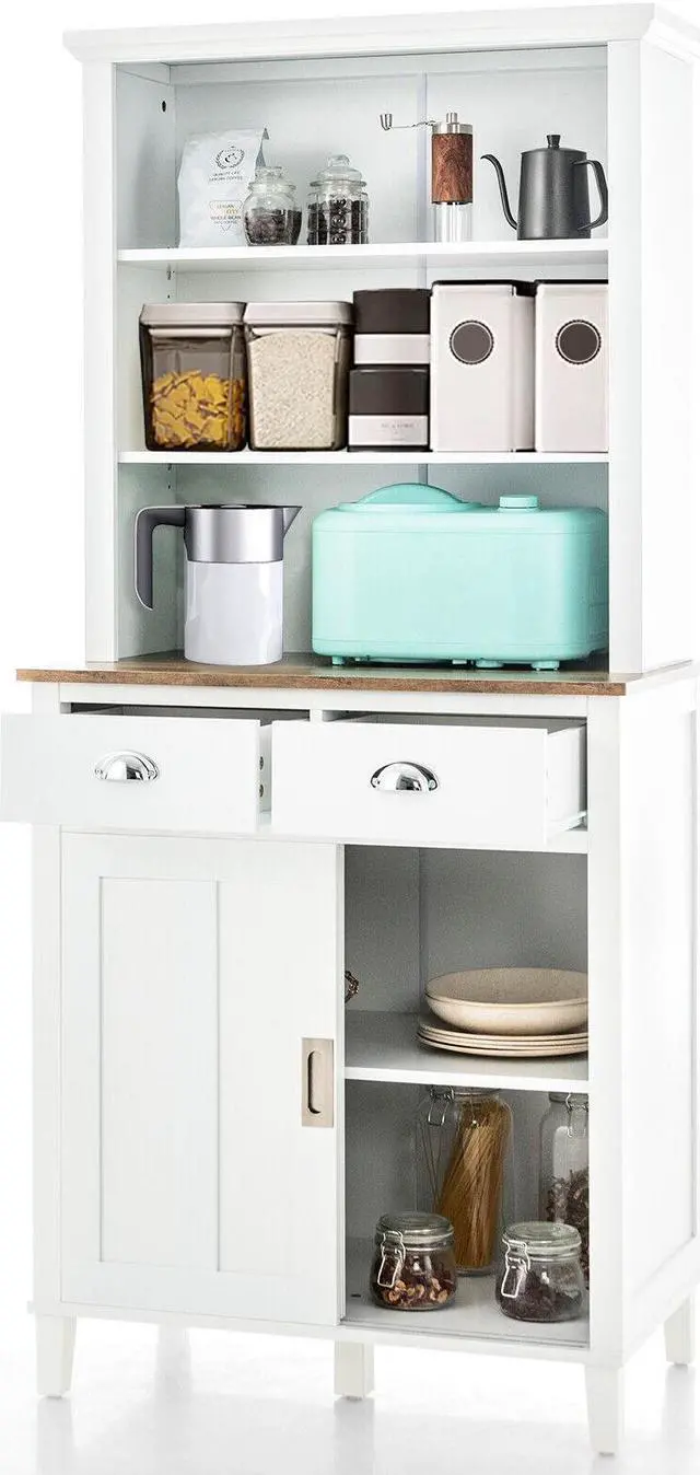 Alt view image 6 of 7 - Freestanding Kitchen Pantry with Hutch Sliding Door and Drawer-White