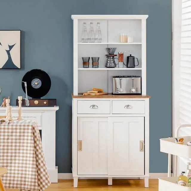 Alt view image 4 of 7 - Freestanding Kitchen Pantry with Hutch Sliding Door and Drawer-White
