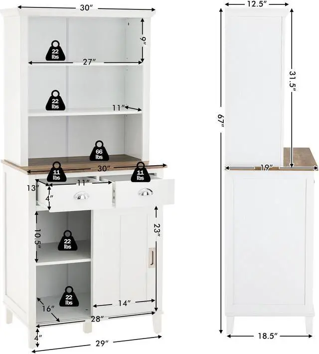 Alt view image 7 of 7 - Freestanding Kitchen Pantry with Hutch Sliding Door and Drawer-White