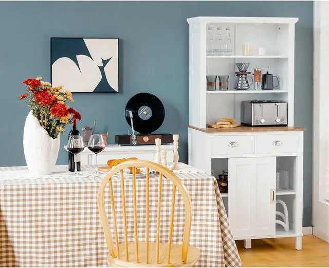 Alt view image 5 of 7 - Freestanding Kitchen Pantry with Hutch Sliding Door and Drawer-White