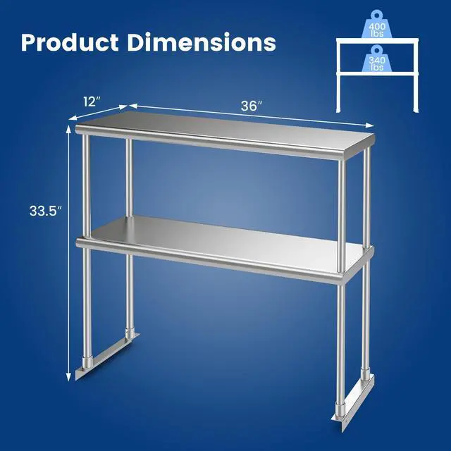 Alt view image 6 of 7 - 36 x 12 Inch Kitchen Stainless Steel Overshelf with Adjustable Lower Shelf