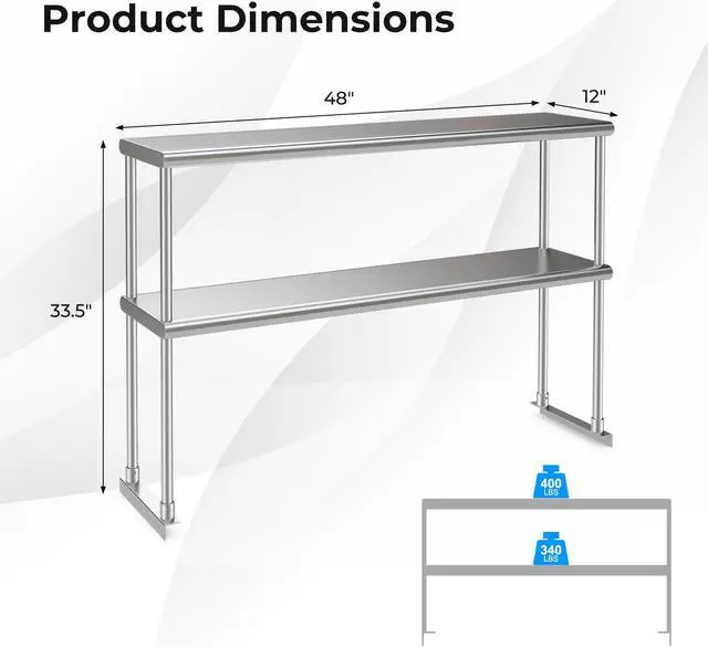 Alt view image 6 of 7 - 48 x 12 Inch Kitchen Stainless Steel Overshelf with Adjustable Lower Shelf