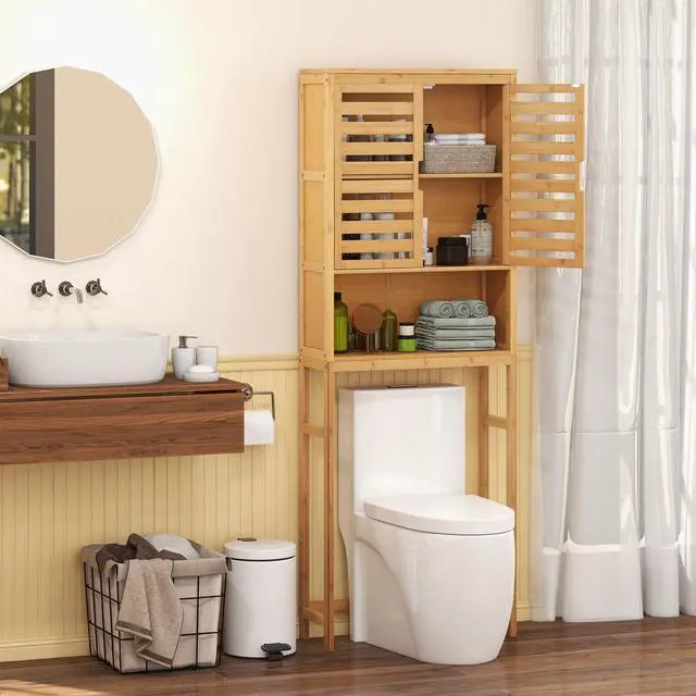 Alt view image 2 of 7 - SlickBlue Bamboo Over The Toilet Storage Cabinet Bathroom with Adjustable Shelf